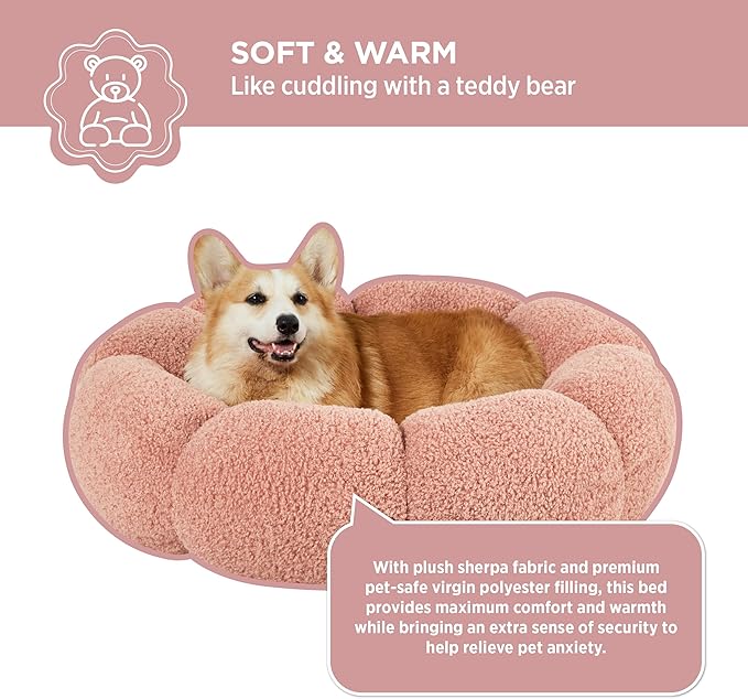Lesure Calming Large Dog Bed - Flower Donut Round Fluffy Puppy Bed in Plush Teddy Sherpa, Non-Slip Cute Flower Dog Beds, Large Pet Bed Fits up to 100 lbs, Machine Washable, Pink 36"