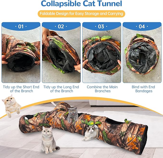 Cat Tunnel for Indoor Cat Large,Cat Bed Toy with Three Channels and Leaves,Y-Shape Cat Cave, Foldable Easy to Store,Suitable for Cats and Other Small Pets to Chase and Play, L 59",Brown