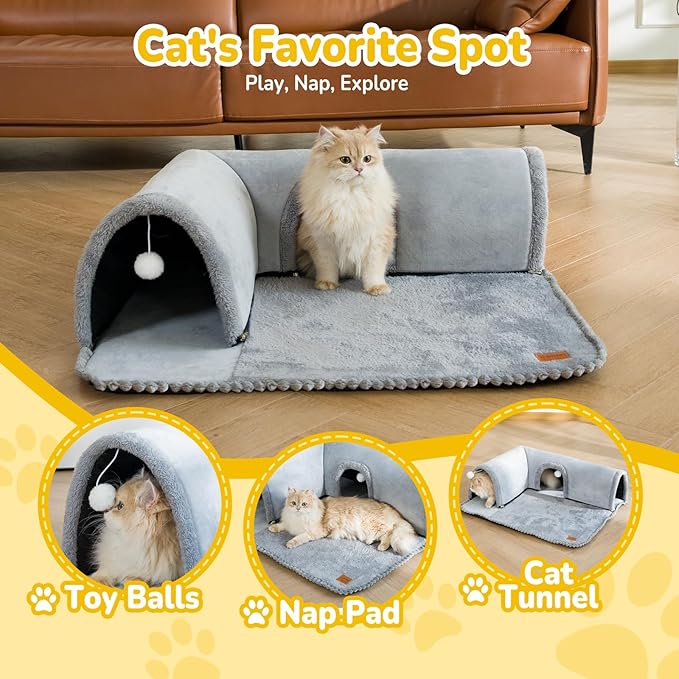 CATISM Cat Tunnel Bed, Cat Carpet Tunnel, Cat Tunnels for Indoor Cats, Cat Tunnel Rug, Detachable Cat Tunnel, Cat Bed Tunnel, Cat Tube 3 Ports + 2 Ceiling Balls + 1 Removable Feather Toys for Cats