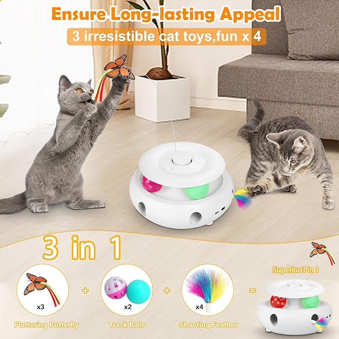 3-in-1 Interactive Cat Toys for Indoor Cats, Automatic 6 Holes Mice Whack-A-Mole, Fluttering Butterfly, Track Balls, USB Rechargeable, Ultra Fun Smart Interactive Kitten Toy (Ivory White)