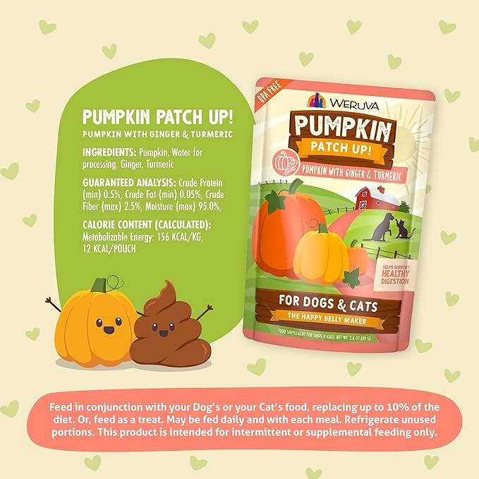 Weruva Pumpkin Patch Up!, Pumpkin with Ginger & Turmeric for Dogs & Cats, 2.8oz Pouch (Pack of 12)