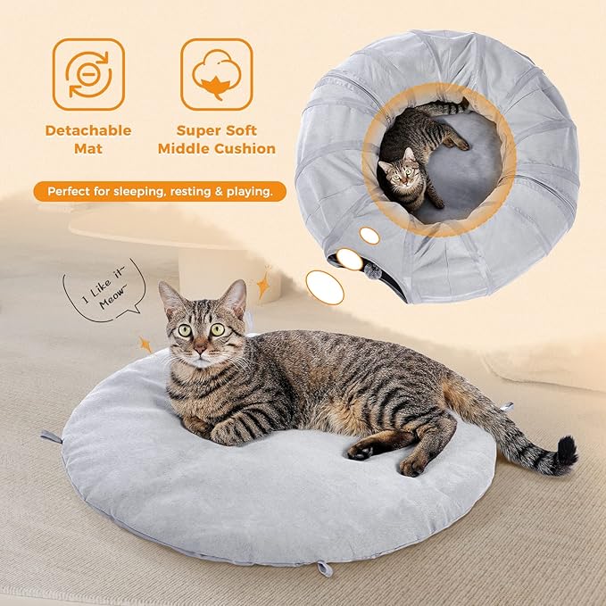 PAWZ Road Cat Tunnel Bed Large Cat Donut Tunnel for Indoor Cats Collapsible Cat Tube with Central Mat, Peek Hole and Cat Toy Hanging Balls for Indoor Cats