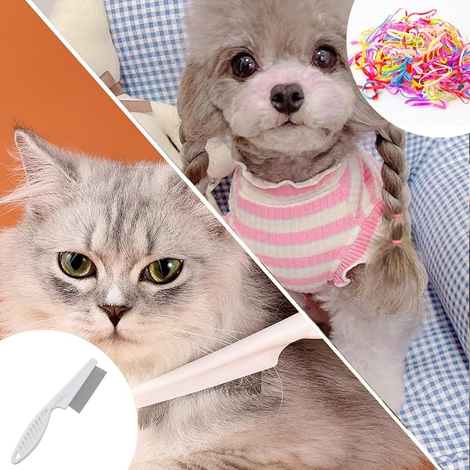 5PCS Pet Knotting Comb + 1PCS Grooming Comb, Pet Hair Grooming Tool for Pets, Knotting Comb for Dog & Cat, Pet Dematting Comb for Dogs and Cats, Attached 760PCS Mini Color Elastic Hair Ties