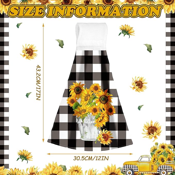 Sratte 4 Pcs Sunflower Hanging Kitchen Towels Hand Towels with Hanging Loop Summer Buffalo Plaid Gnomes Sunshine Dish Towels Bath Absorbent Oven Stove Wash Cloth for Home Decorative Housewarming Gift