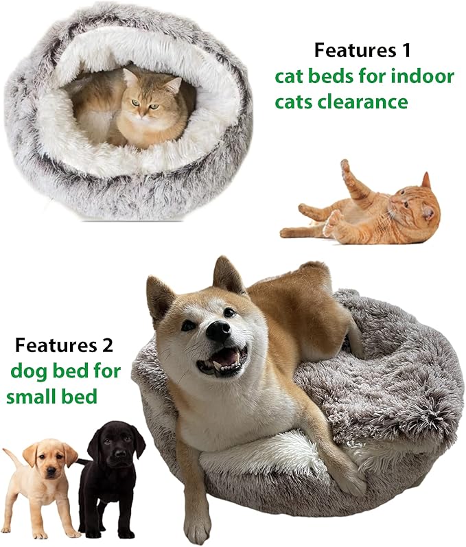 ShinHye Cat Bed Round Plush Fluffy Hooded Cat Bed Cave, Cozy for Indoor Cats or Small Dog beds, Soothing Pet Beds Dog Cave Bed - Waterproof Bottom Washable, (26×26inch, Grey)