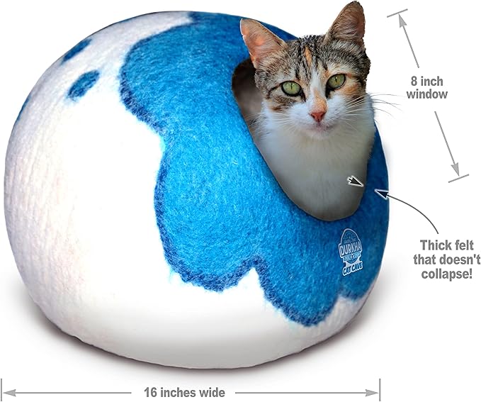 Felt Cat Cave Bed, Handmade Covered Cat Bed Cave, Wooly Cave for Cats, Dome Shaped Cat Pod, Cat Beds & Furniture, Felt Cat Beds for Indoor Cats (Turquoise and White with Dots)