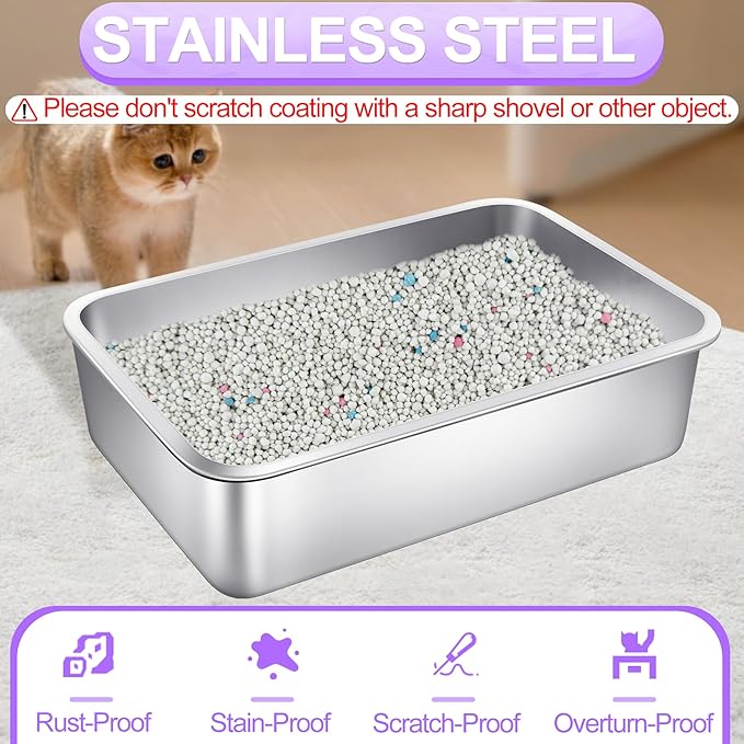 3 Pack Stainless Steel Cat Litter Boxes 19.7" L x 13.8" W x 5.9" H Extra Large Metal Litter Boxes with High Sides Aluminum Cat Litter Pans for Pets No Smell, Non Stick, Easy to Clean (L)