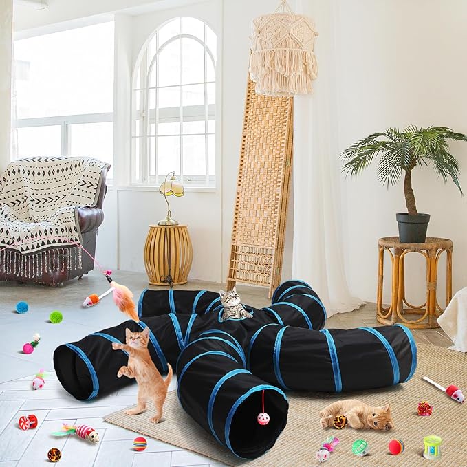 Poen 21 Pcs Cat Tunnel for Indoor Cats Set Collapsible 5 Way Cat Tubes with 20 Pcs Cat Toys Kitten Toys Interactive Cat Feather Toy Mouse Crinkle Balls Cat Tube for Puppy Kitten Rabbit(Blue Black)