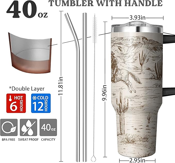 40 Oz Western Tumbler with Handle and Straw, Double Wall Stainless Steel Horse Mugs for Horse Lovers, Horse Gifts for Women Insulated Horse Cups, 40 Oz Horse Coffee Cup Gifts for Horse Lovers Women