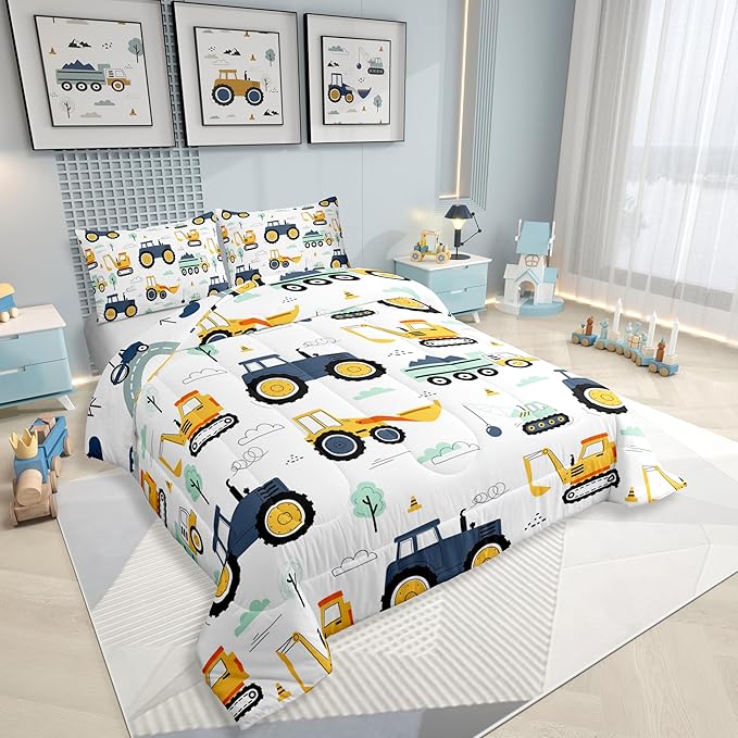 Boys Cartoon Car Bedding Set King, Excavator Tractor Comforter Set for Kids Teens, Equipment Trucks Quilted Duvet, Heavy Machinery Construction Bedding Comforter Sets with 2 Pillowcases Bedroom Decor