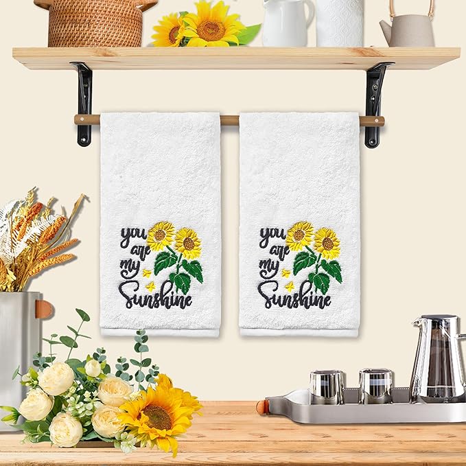 Sunflower Hand Towels - Set of 2, Embroidered 'You Are My Sunshine' Pattern, 100% Cotton Soft Towels for Kitchen & Bath, 14x30 Inches