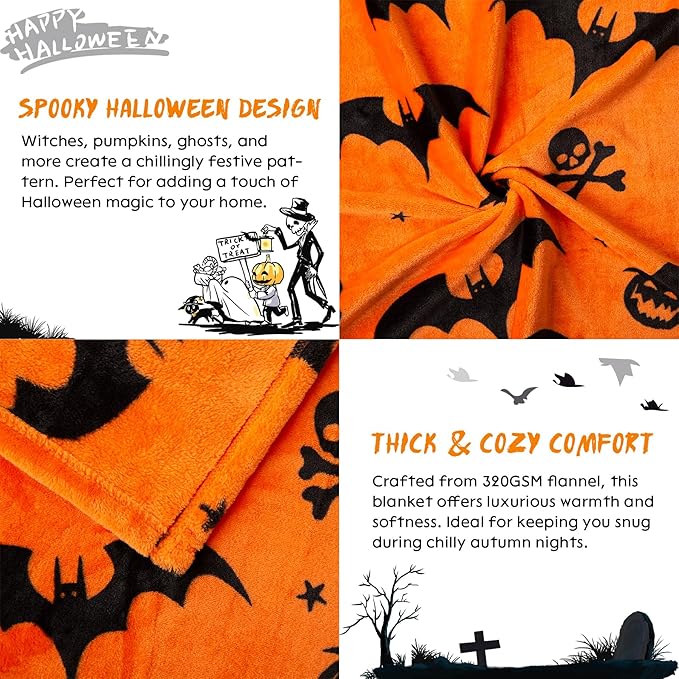 Ghost Halloween Blanket 50” x 70” Reversible Pumpkin Print Fleece Throw Blanket, 320 GSM Surper Soft Warm Cozy Fall Blanket for Couch Sofa Bed, Halloween Harvest Gifts and Home Decor