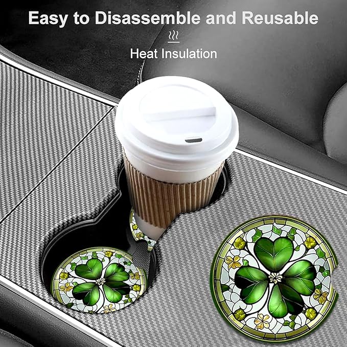 Car Coasters for Cup Holders,2 Pack Four Leaf Clover Car Coasters,2.75" Universal Size Anti Slip Rubber Mat,Automotive Cup Holder Decal Decor Accessories,Four Leaf Clover Gifts for Women,Men,Mom