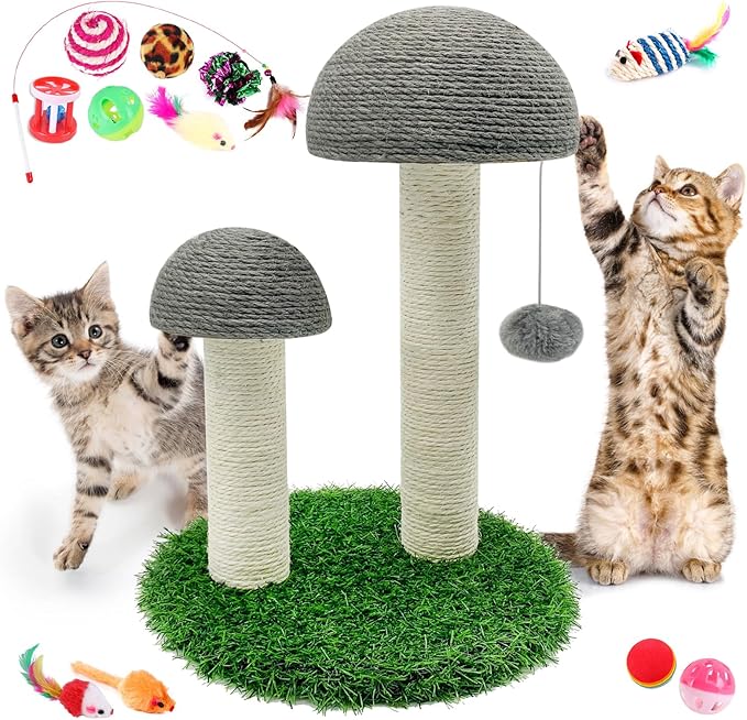 BNOSDM Mushroom Cat Scratcher with 2 Sisal Poles, Cat Scratching Post Pet Interactive Toy Scratch Post with 12 Pcs Cat Toys and Hanging Ball for Indoor Kitten Kitty Small Cats (Grey)