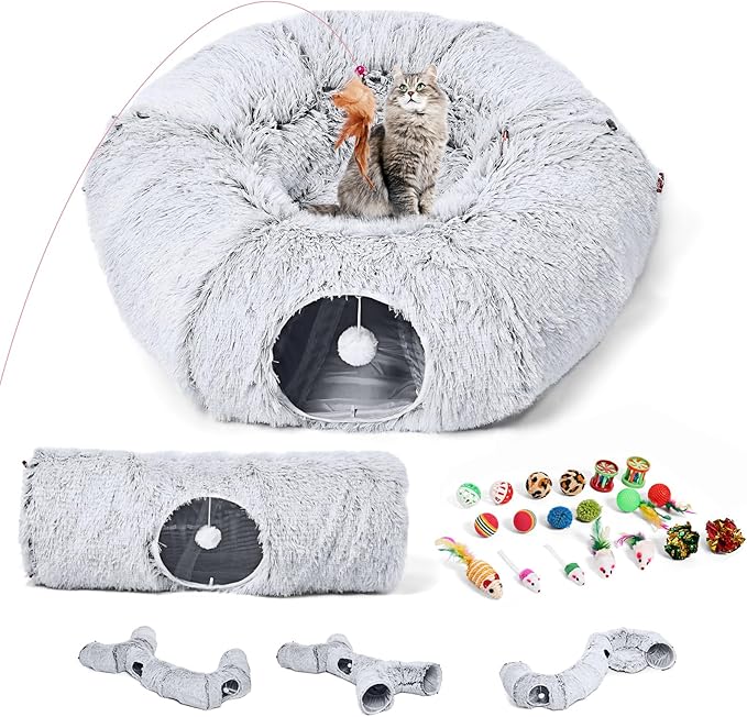 Odoland Cat Tunnels for Indoor Kitten Fluffy Cat Bed and Cat Cave Tunnels with 20 Cat Toys, Kittens Donut Tunnel and Variety Kitten Toy Set for Kitten/Puppy/Rabbit