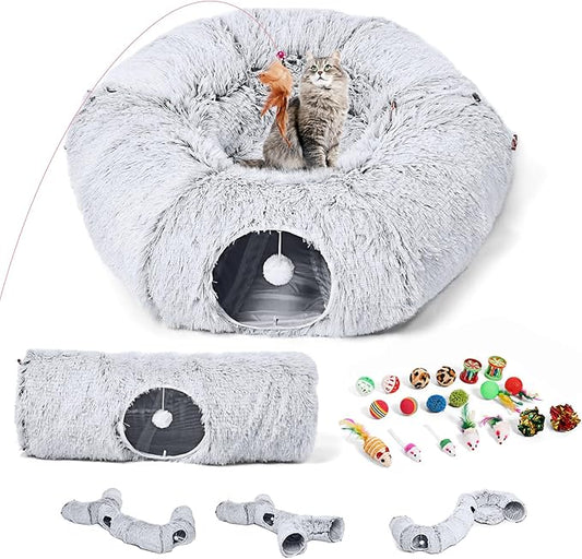 Odoland Cat Tunnels for Indoor Kitten Fluffy Cat Bed and Cat Cave Tunnels with 20 Cat Toys, Kittens Donut Tunnel and Variety Kitten Toy Set for Kitten/Puppy/Rabbit