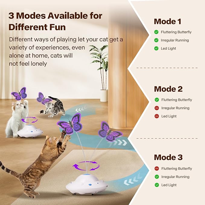 Cat Toys for Indoor Cats 3in1 Interactive Cat Toy with Fluttering Butterfly Led Light Automatic Cat Toy for Bored Indoor Kitten Adult Cats USB Rechargeable Electric Moving Cat Toy