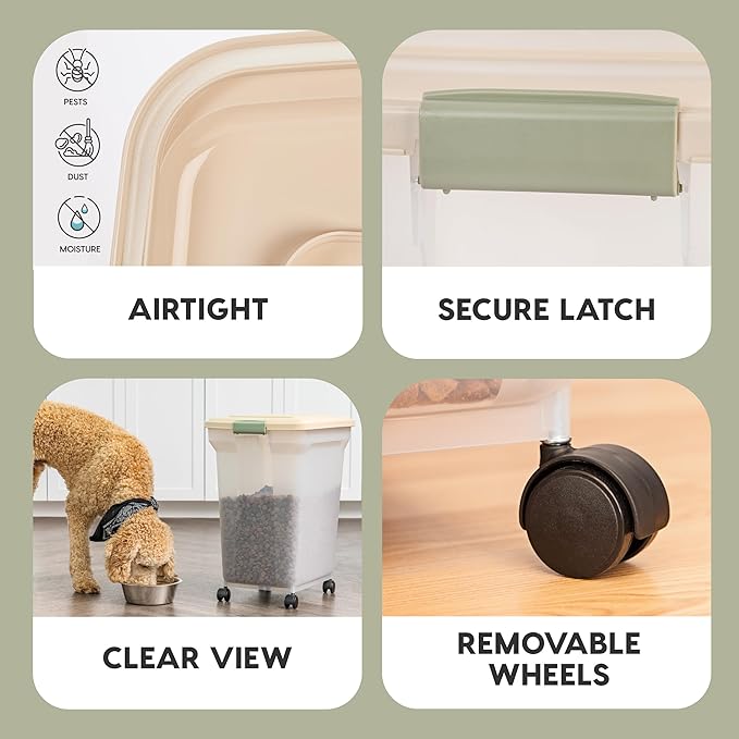 IRIS USA WeatherPro Airtight Dog Food Storage Container, Up to 58 lbs, Attachable Wheels, For Dog Cat Bird and Other Pet Food Storage Bin, Keep Fresh, Translucent Body, Clear/Almond