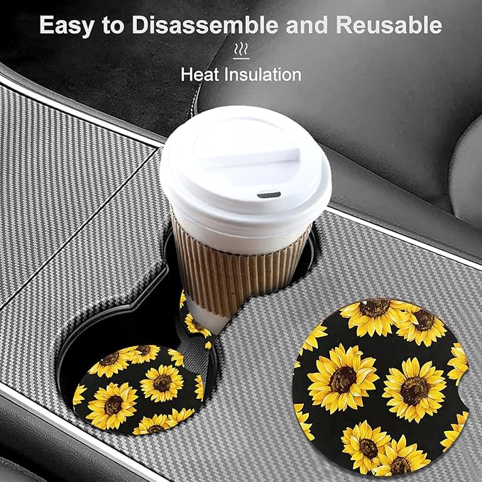 Car Coasters for Cup Holders,2 Pack Sunflowers Leopard Car Cup Holder Coasters,2.75" Universal Size Anti Slip Rubber Mat,Sunflowers Gifts for Women,Mom,Her,Wife,Girlfriend