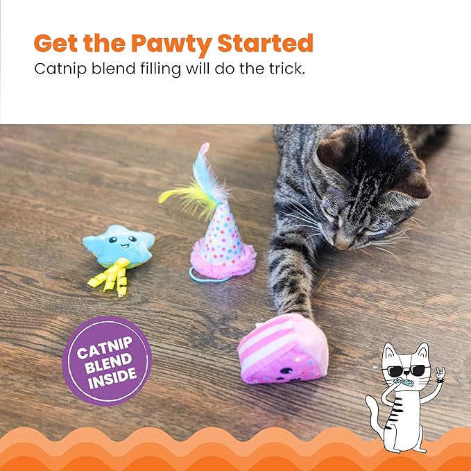 Catstages Happy Purrthday Birthday Themed Plush Catnip Blend Cat Toys, 3Pk, Multicolored
