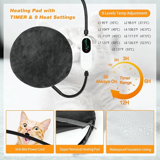 FHTONGE Heated Cat Bed Indoor with Timer and Temp Adjustment, Washable Self Warming Cat Bed Donut with Overheat Protection for Winter, Snuggle Round Cat Bed Cuddler with Electric Heating Pad