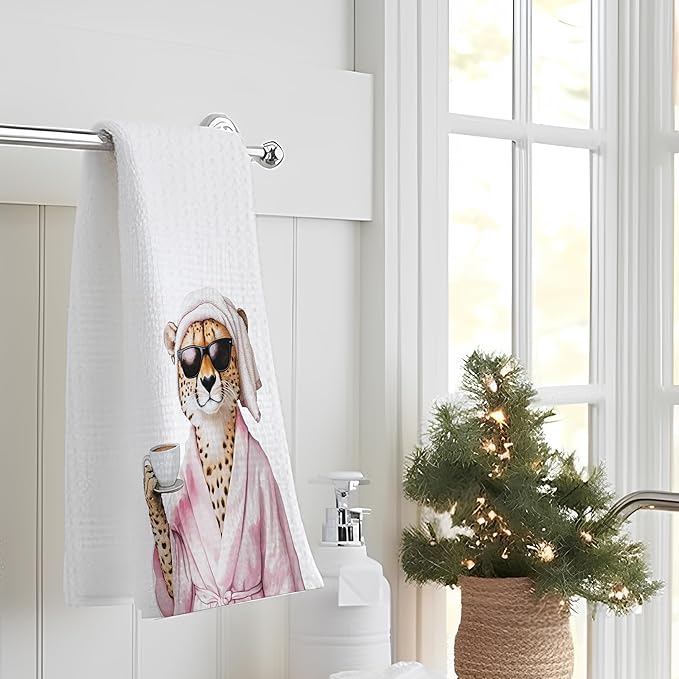 Trendy Coffee Leopard Bathroom Hand Towels, Funky Sunglasses Bathrobe Cheetah Decorative Hand Towels for Bathroom Washroom, 16x24 Inch