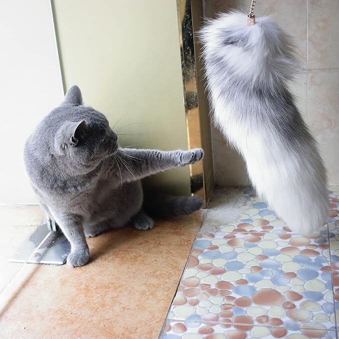 Fosrion Real Fox Tail Fur Cat Bites Toy with Three Section Retractable Carbon Fiber Rod(White, Only Tail)