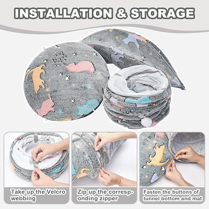 JIUPETY Cat Tunnel Bed with Soft Plush Mat, Collapsible Tube Playground, Cat Cave Bed Tunnel for Indoor Cats, Kitten, Rabbit, Ferret, Fluffy Plush Material, Includes Dangling Balls, Cave Grey B