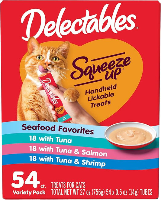 Delectables Squeeze Up Seafood Variety Pack, Creamy Squeezable Puree, Lickable Wet Cat Treats, Grain Free, No Added Fillers, No by-Products, No Added Preservatives, 0.5 Ounces Tube, 54 Tubes Total