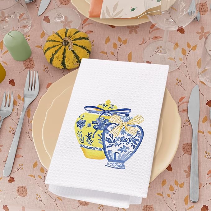 SPBL&L Yellow Chinoiserie Decor Kitchen Towels, Grandmillennial Home Decor,Chinoiserie Yellow and Blue Decorative Hand Towels for Bathroom, 16x24 Inch