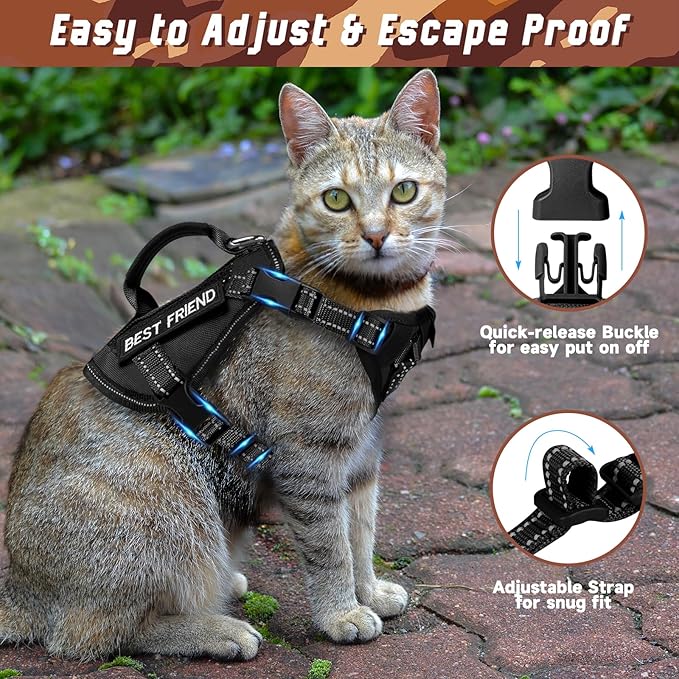 Tactical Cat Harness, Air Mesh Cat Walking Vest Harness Escape Proof, Reflective Extra Large Cat Harnesses with Handle for Adult Fat Cats (Black, XL)