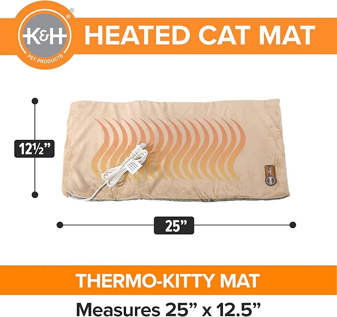 K&H Pet Products Heated Thermo-Kitty Mat, Indoor Heated Cat Bed, Pet Heat Pad for Indoor Cats and Small Dogs, Cat Heating Pad, Electric Thermal Warming Cat Bed Mat, Sage/Tan 12.5 X 25 Inches