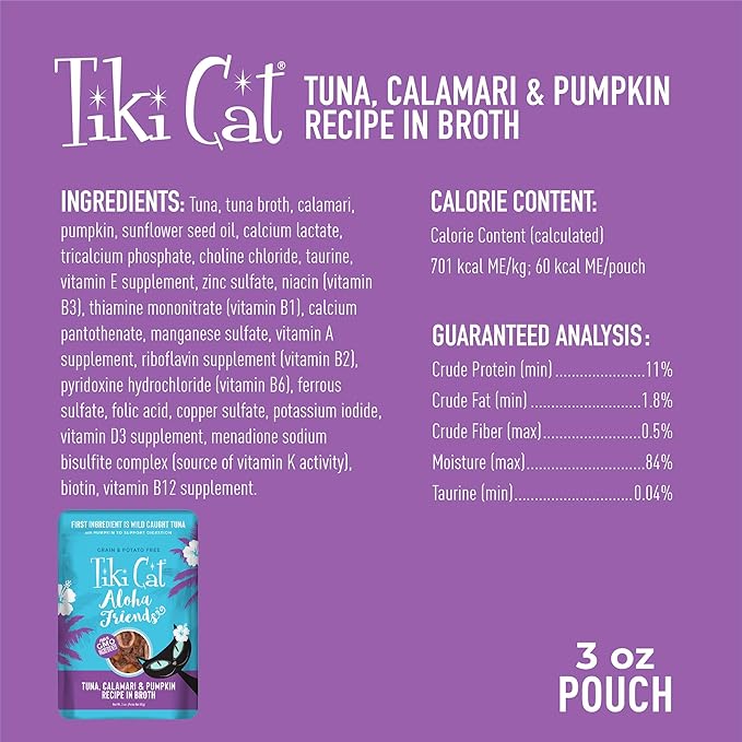 Tiki Cat Aloha Friends, Tuna, Calamari & Pumpkin, Grain-Free & High Moisture, Wet Cat Food for All Life Stages 3 oz. Pouch (Pack of 12)