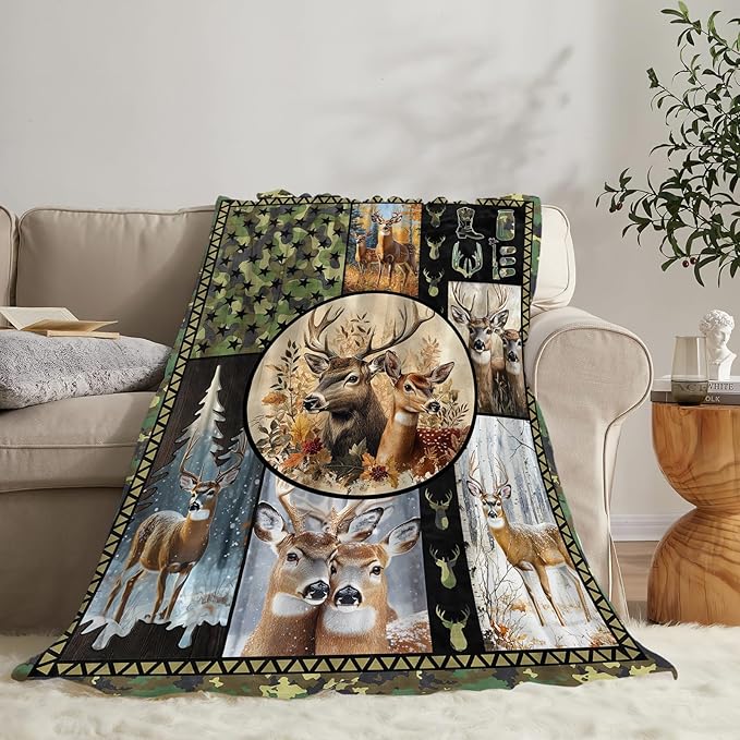 Ultra Soft Cozy Deer Camo Throw Blanket - Fleece Fuzzy Plush - Hunting Lovers Decor Gifts for Women, Girls & Adults - Couch, Sofa - 80"x60"