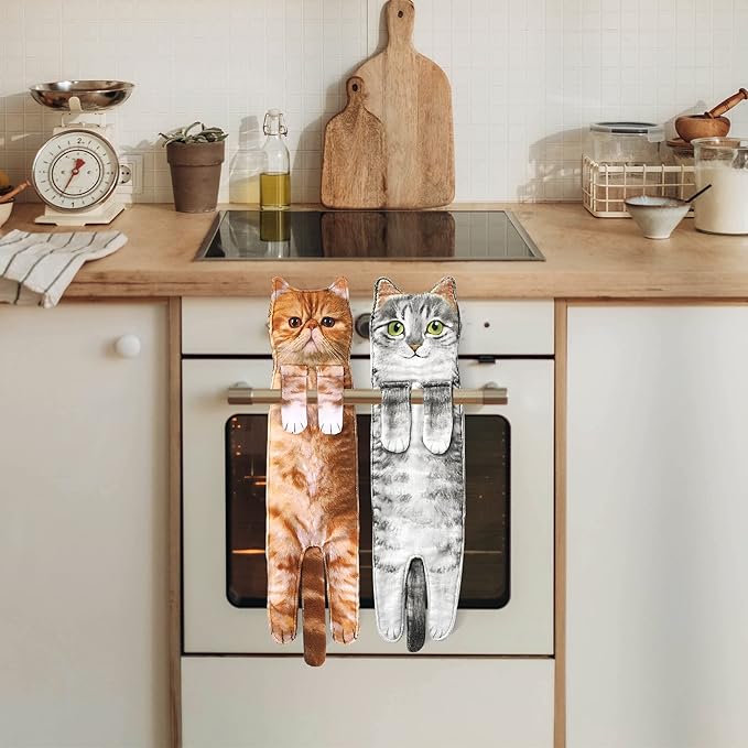 Cat Funny Hand Towels for Bathroom Kitchen- Cute Decorative Kitten Decor Hanging Face Towels- Unique Housewarming Valentines Mothers Birthday Gifts for Women Mom Cat Lovers