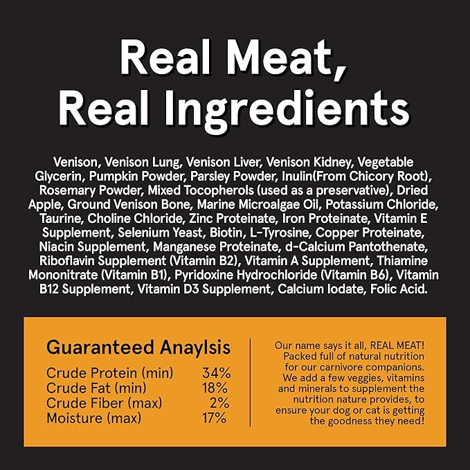 Real Meat Air Dried Cat Food & Dog Food w/Real Venison - 14oz of USA-Crafted Grain-Free Dry Dog & Cat Food Sourced from Free-Range, Grass-Fed Venison - All Natural, High Protein Pet Food
