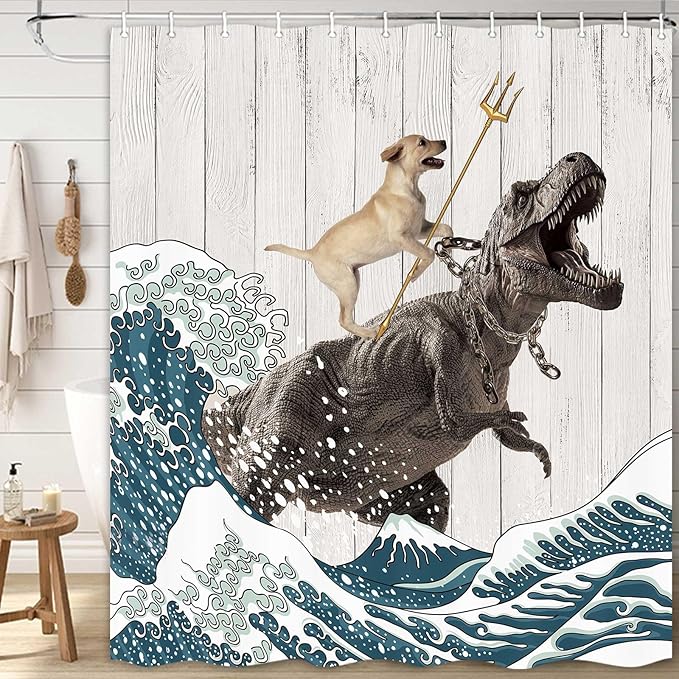 Boziqr Funny Dog Shower Curtain, Japanese Ocean Wave Dinosaur Rustic Barn Door Decor Fabric Bathroom Curtains Set, Cute Animal Kids Polyester Fabric Waterproof, 70 X 70 Inches
