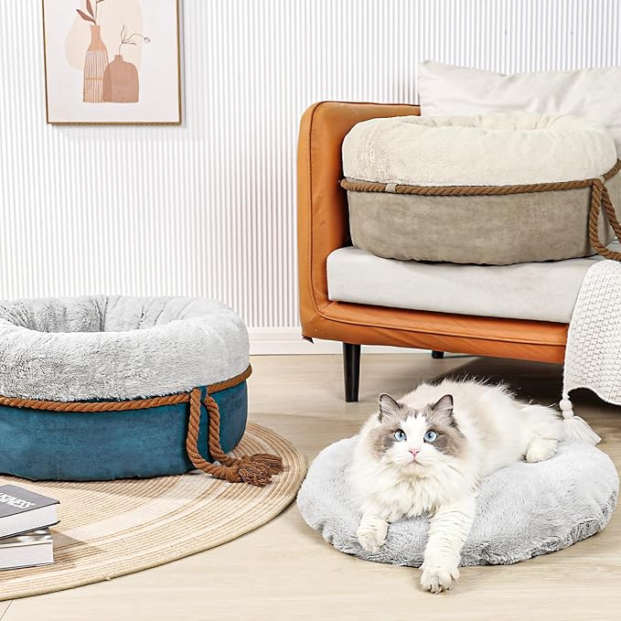 寵幸 Cat Beds for Indoor Cats, 22in Super Soft Thickened and Fluffy Pet Beds, Anti-Slip & Water-Resistant Bottom, Machine Washable Cat & Dog Bed, Navy Grey