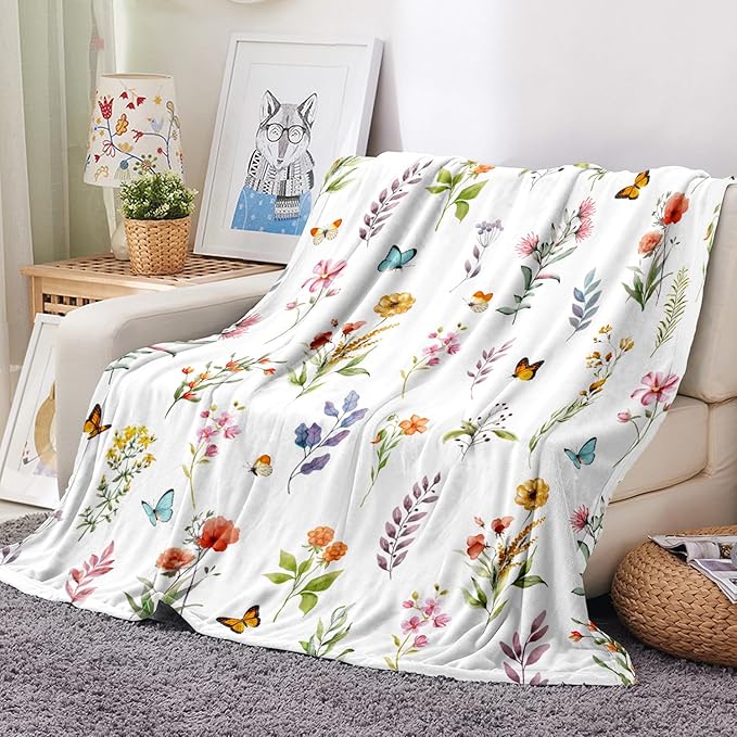 Floral Flower Throw Blanket Botanical Plant Throw Blankets Colorful Flannel Fleece Throw Blankets Watercolor Butterfly Cozy Fuzzy Plush Blanket for Bed Chair Couch 50" X 60"