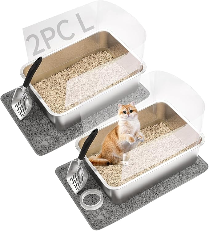 2 Sets Stainless Steel Litter Boxes, Metal Cat Litter Box Pan with High Wall Sides Non-Sticky Kitty Litter Box for Odor Control with Litter Scoop Easy Cleaning 19.7"x13.8"x5.9"