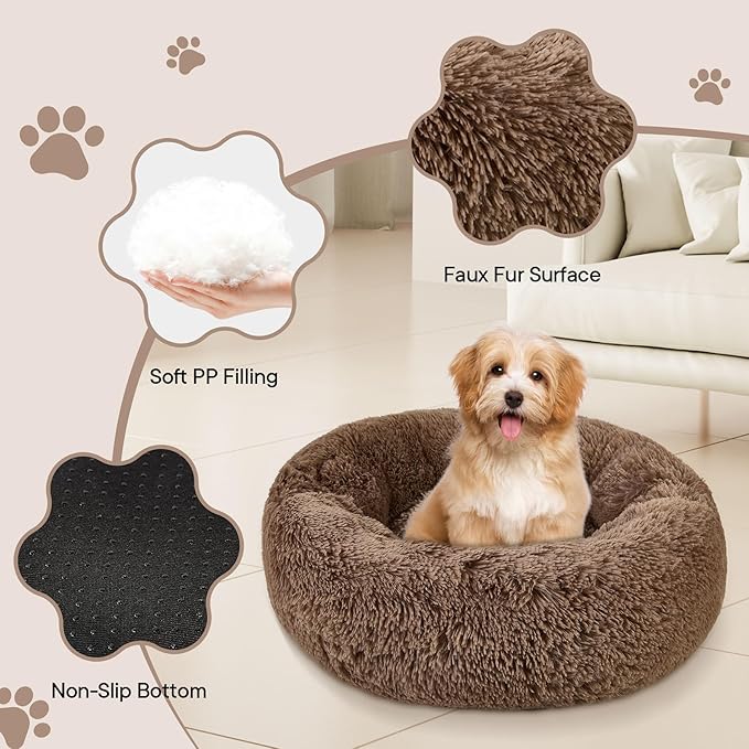 Calming Round Cute Cat & Dog Bed, Anti-Slip Washable Cozy Soft Round Pet Bed, Fluffy Faux Fur Plush Dog Cuddler Bed Fits up to 5 lbs Dogs and Cats(Donut Khaki, 16inch x 16inch)