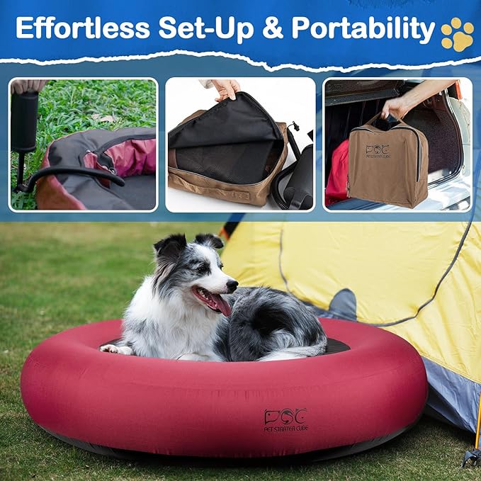 Elevated Dog Bed,Inflatable Dog Bed Raised,Pet Cushion Sofa for Large Dogs,Portable Dog Cot Doughnut Round Stand,Waterproof Dog Bed Frame for Indoor,Outdoor(Red)