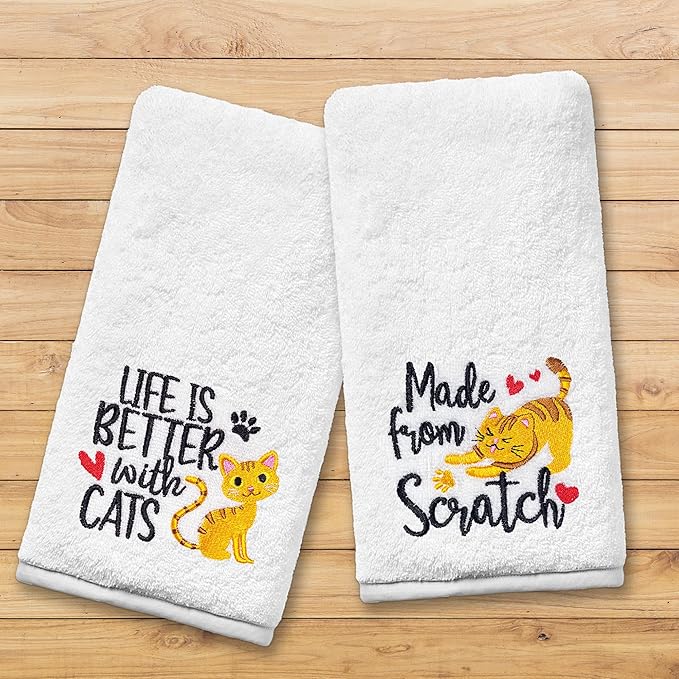 Cat Hand Towels for Bathroom - Set of 2, Embroidered Cat Lover Gifts, Soft Cotton 14x30 Inches