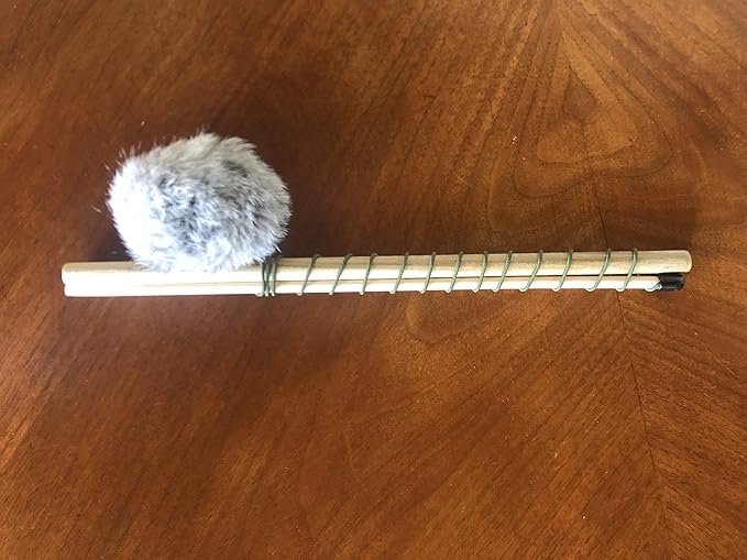 Natural Fur Pom Cat Wood Rod Teaser & Exerciser Wand for Cat & Kitten with Fluffy Fur Ball- Interactive Soft and Safe Feather-Like Real Fur Toy - Mouse Like Pelt Pom Assembled in The US