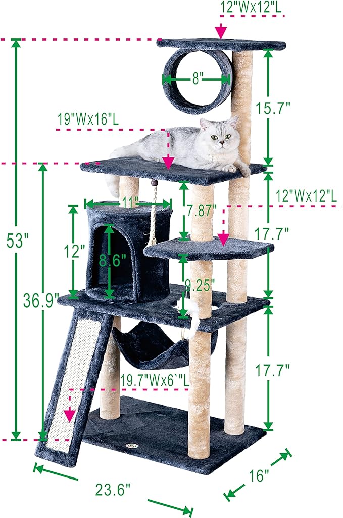 Go Pet Club Everyday Value 53in Cat Tree Kitty Tower Kitten Scratcher Condo House Furniture with Hammock and Tunnel Indoor Cat Activity Center, Gray