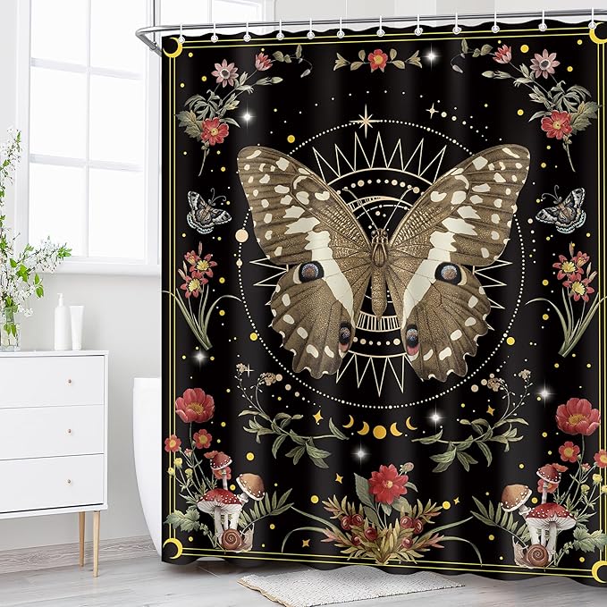 Black Red Moth Mushroom Flower Shower Curtain Sets for Bathroom 60Wx72H Wichy Boho Shower Curtain Gothic Polyester Bathtub Curtain Plant Butterfly Floral Bathroom Decor with 12 Hooks