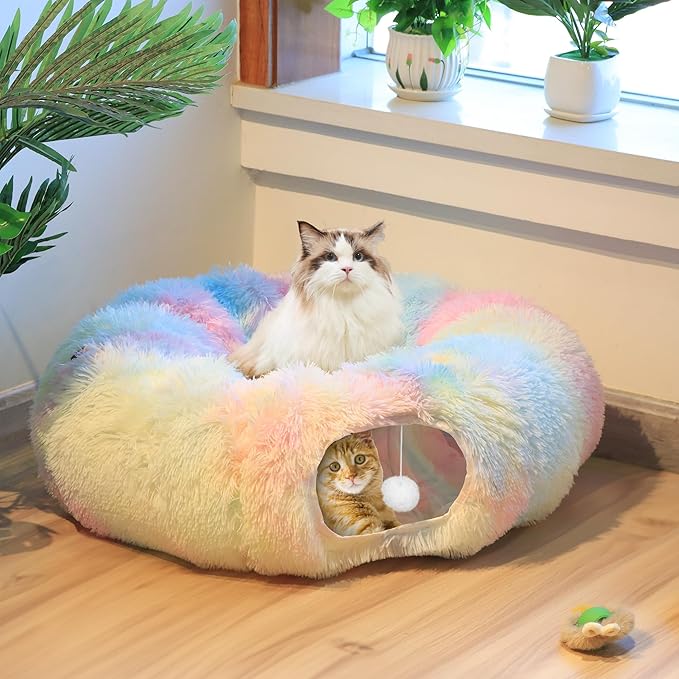 Cat Tunnel Bed for Indoor Winter, Warm Fluffy Plush Rainbow Cats Donut Tunnel with Central Mat, Multifunctional Pet Playground Toys Hide Place for Indoor Kitten Puppy Rabbit Ferret