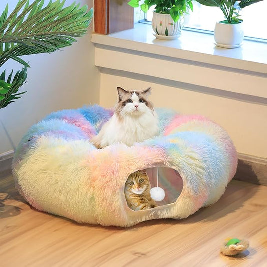 Cat Tunnel Bed for Indoor Winter, Warm Fluffy Plush Rainbow Cats Donut Tunnel with Central Mat, Multifunctional Pet Playground Toys Hide Place for Indoor Kitten Puppy Rabbit Ferret