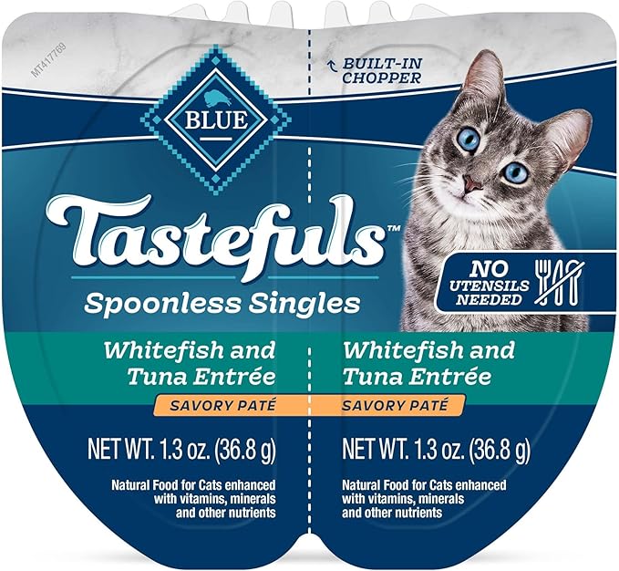 Blue Buffalo Tastefuls Spoonless Singles Natural Wet Cat Food Paté, 2.6-oz Twin-Pack Trays, White Fish & Tuna Entreé (24 Count)