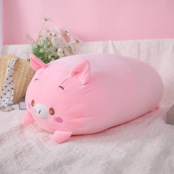 TemBe 23.6 inch Cute Large Pig Plush Stuffed Animal Pillow, Very Soft Squish Mellow Hugging Toy Gifts for Bedding, Kids Sleeping Cute Pillow (Pink Pig)